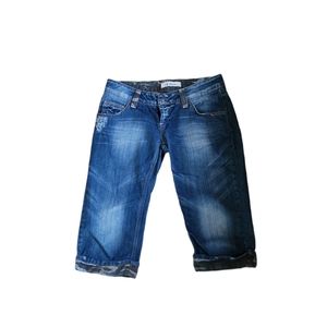BRF Denim Distressed 5 Pocket Capris With Camo Trim Sz 8